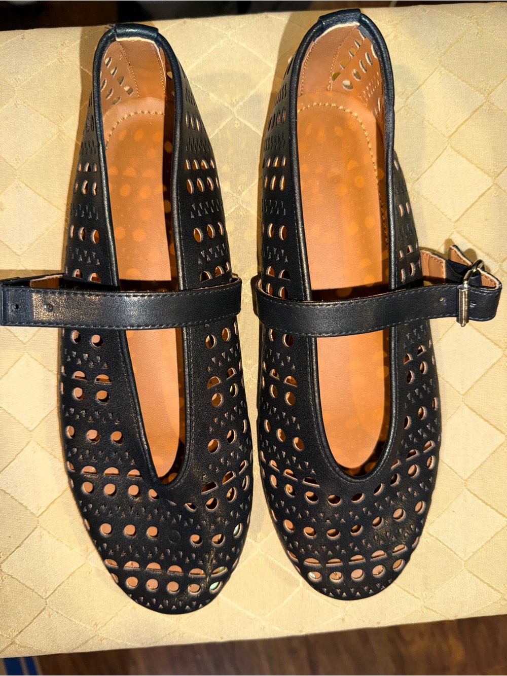 Black Perforated Mary Jane Flats with Adjustable Strap